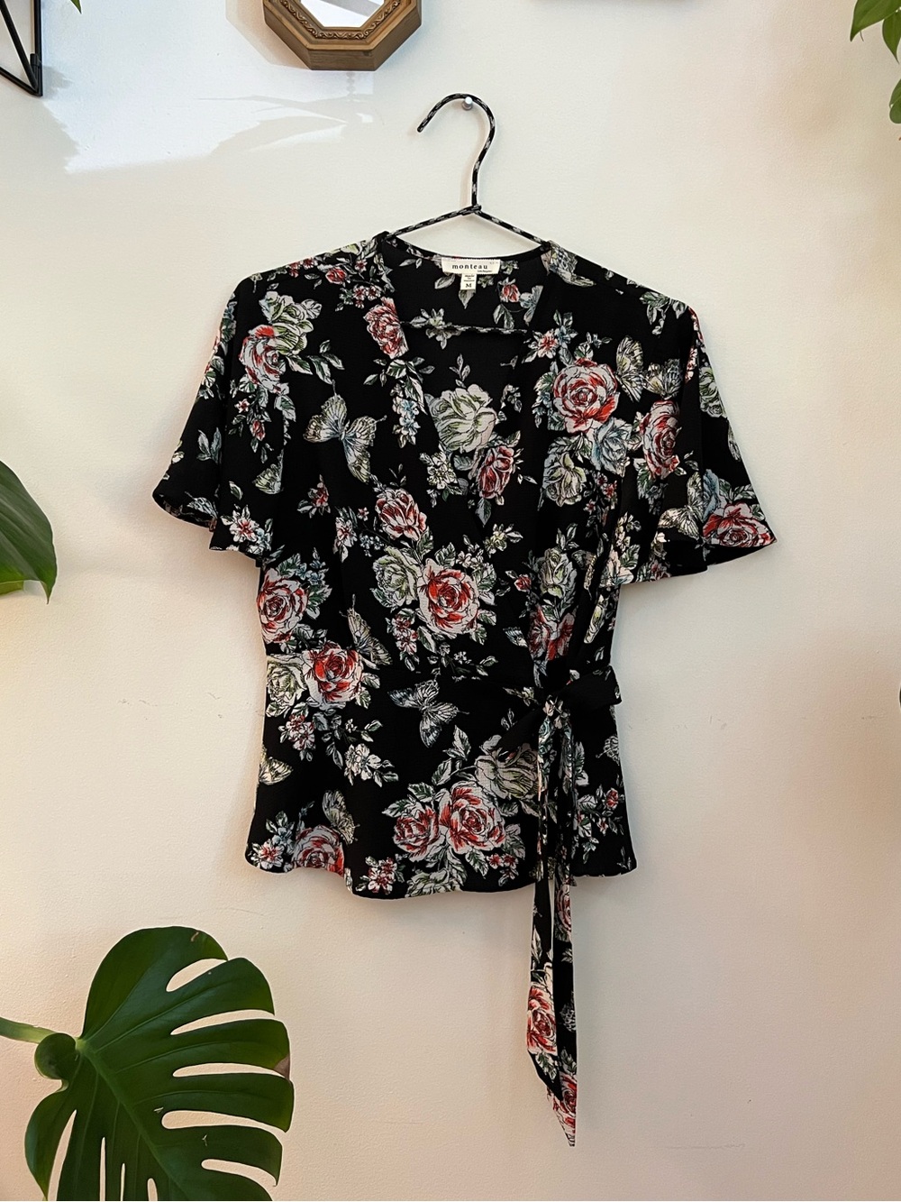 Black Floral Wrap Top with Rose Print
